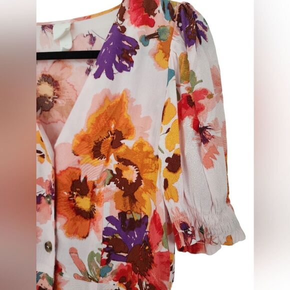 H&M Orange/Purple/Red/pink Floral Puff Sleeve V-Neck Sundress - button - Size S - Picture 2 of 4